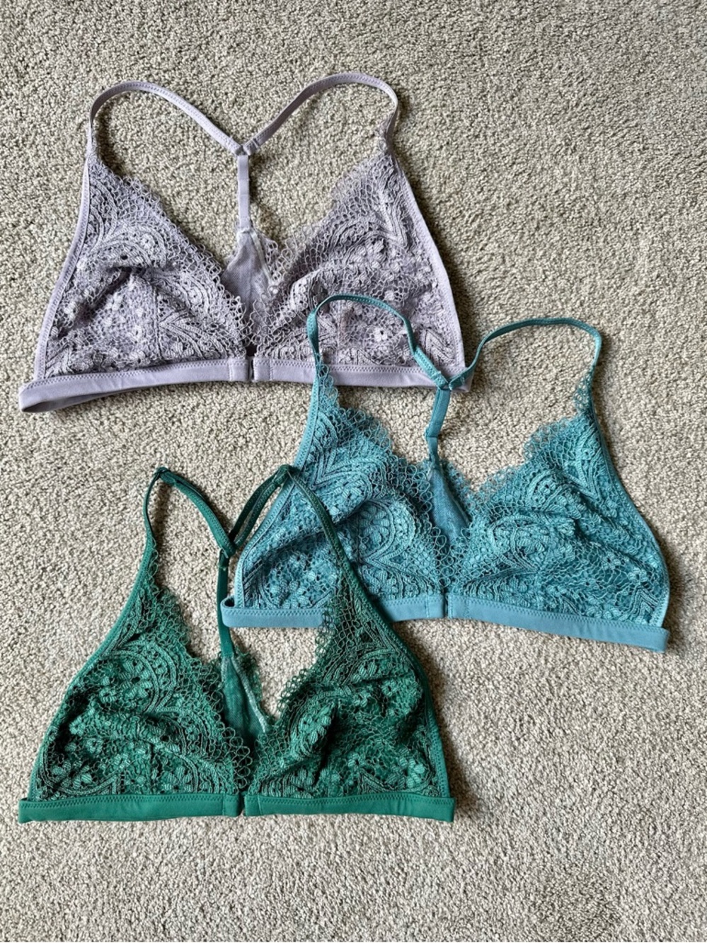 Victoria's Secret Lace Bralette Trio in Lavender, Teal, and Emerald
